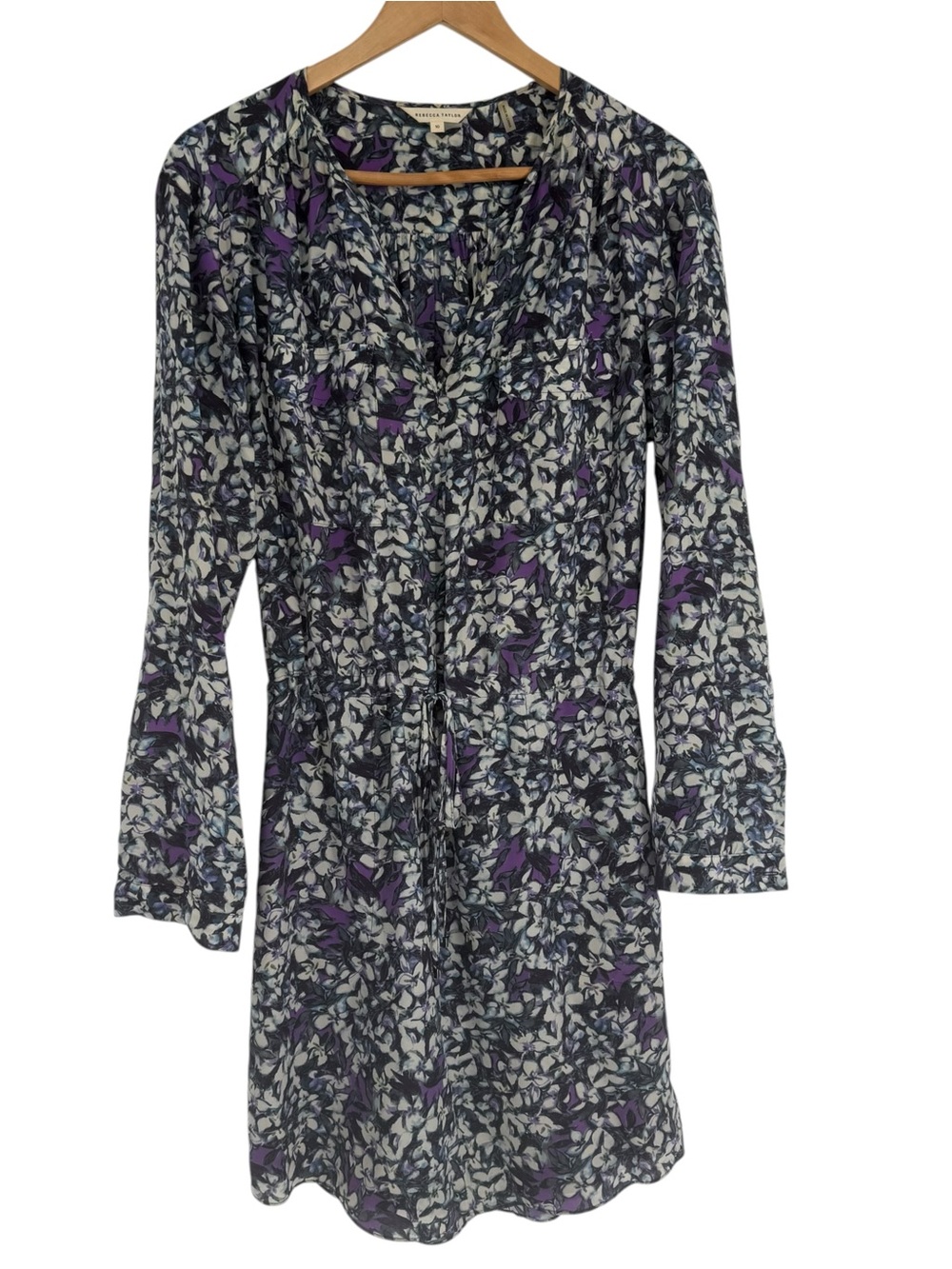 Rebecca Taylor Dress Women Size 10 Floral Split Neck Drawstring Waist Mini Silk